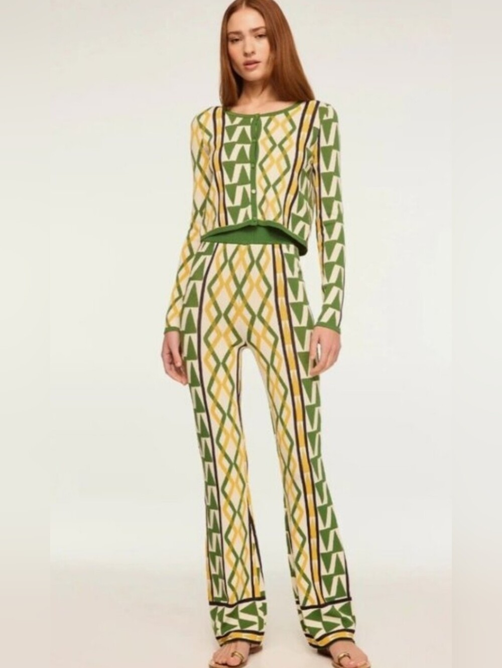 Misa Los Angeles Green & Yellow Geometric knit Pants and sweater